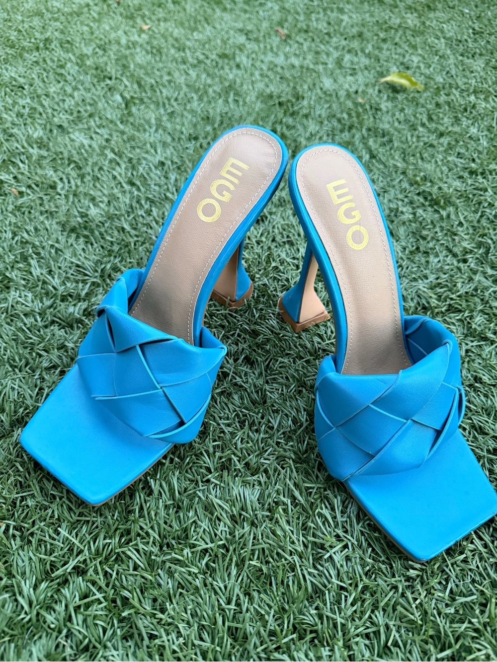 EGO Teal Braided Square-Toe High Heel Mules